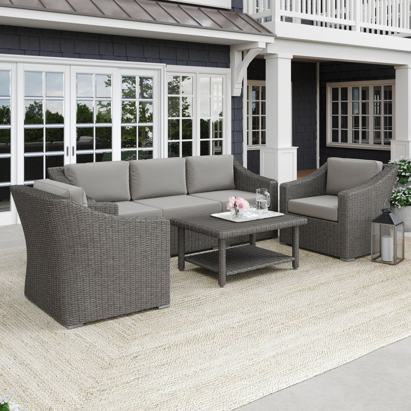 Martha Stewart Bedford 4Pc Outdoor Rattan Wicker Patio Conversation Set With All-Weather Cushions, Gray, Gray