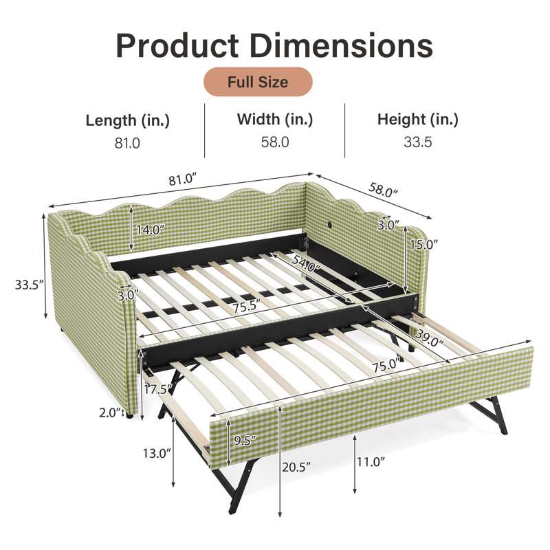 Linen Upholstered Gingham Daybed With Trundle, Usb Charging Port & Wave-Shaped Design, No Box Spring Needed, Green