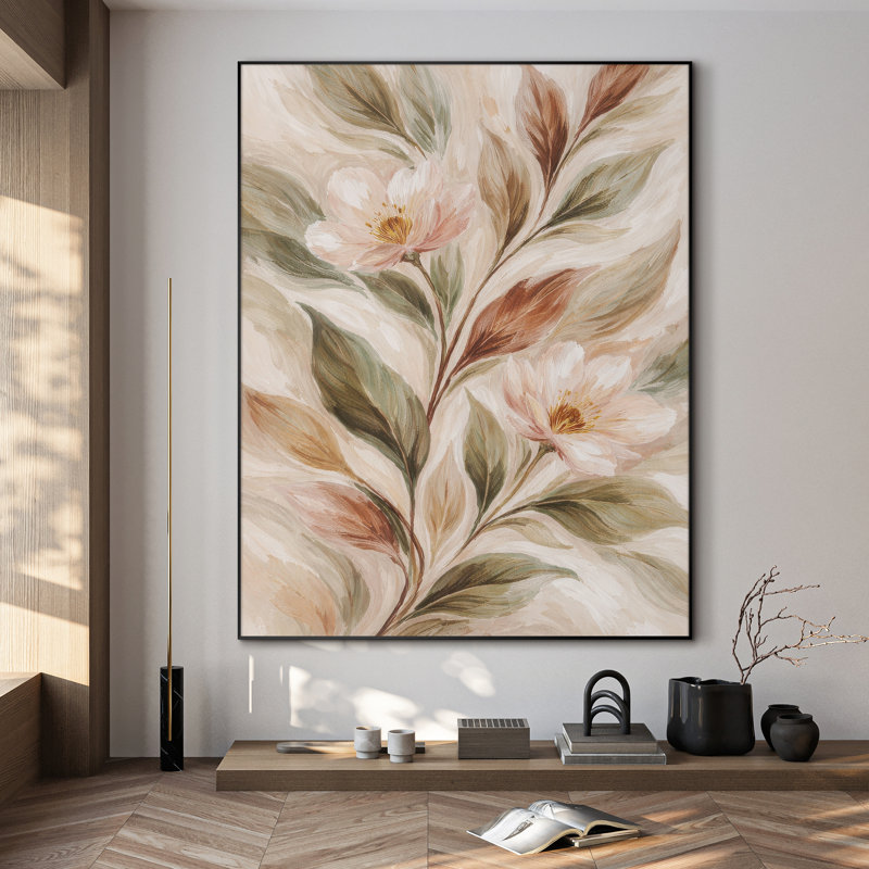 Très grande reproduction d'art sur toile - Rosé et crème avec un feuillage vert chaud pour le salon - «Assemblage requis du cadre (cadre non fini)»