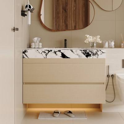 Meuble-lavabo flottant moderne 29,9 po avec comptoir en faux marbre et lavabo encastré en céramique, fixation murale pour petites salles de bain et appartements, meubles-lavabos
