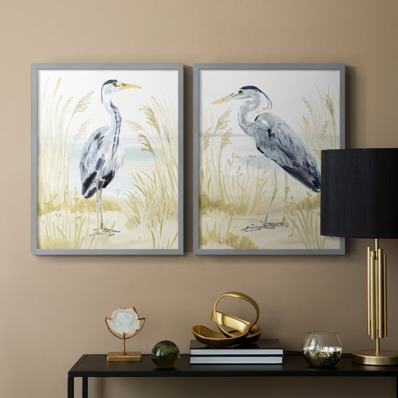 «Heron on the Coast I», reproduction encadrée de qualité supérieure - prête à être accrochée - aucun clou requis - aucun clou requis