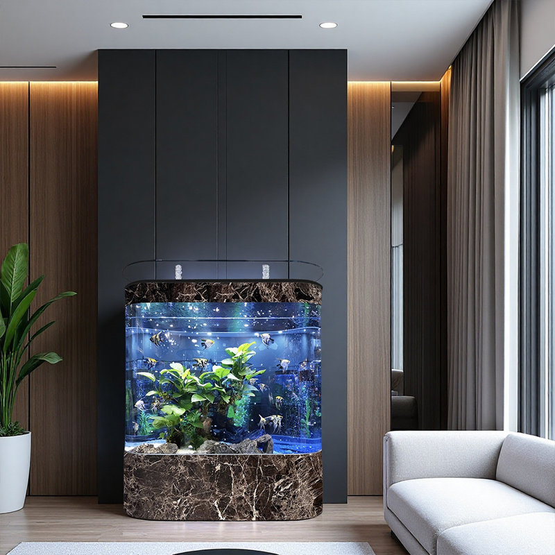 Aquarium courbé moderne, Fleur de glace noire, 190 gallons (H 54,3 po x l 59 po x P 19,6 po)