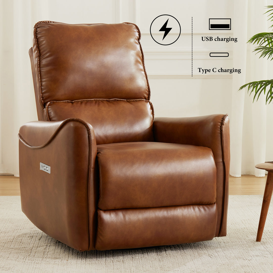 Hjalti Swivel and Rocker Power Recliner Chair with USB Port Breathable PU Leather Ivy Bronx Upholstery 