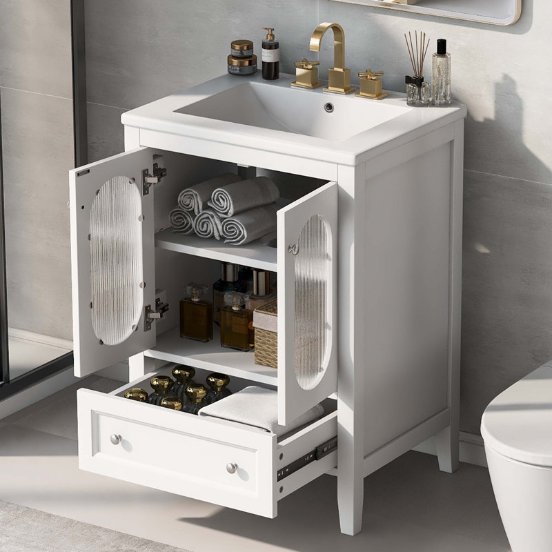 White 24" Freestanding Bathroom Vanity with Ceramic Sink