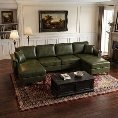 Canapé d'angle moderne de 305 cm (120 po) en similicuir avec 2 poufs de rangement amovibles, canapé rembourré en cuir PU pour salon
