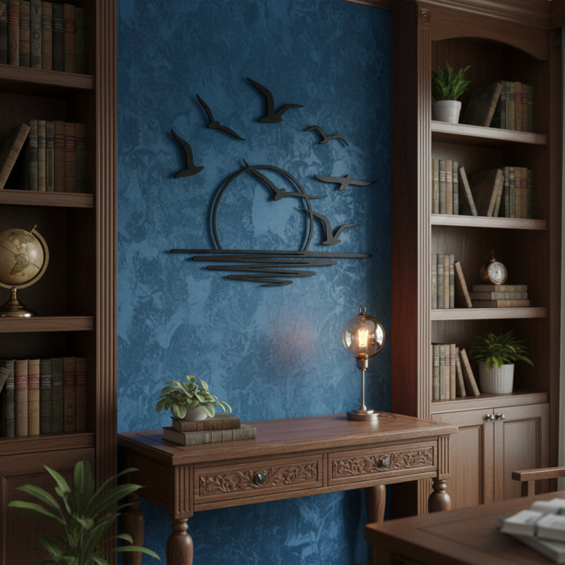 Décoration murale 5 pièces oiseaux en métal coucher de soleil