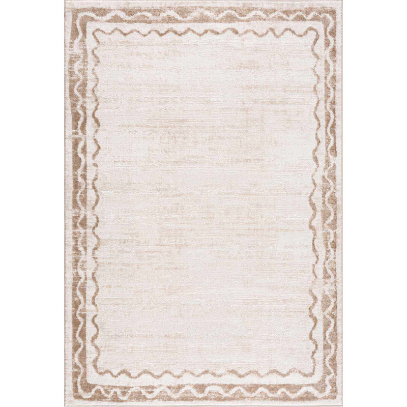 Luders Machine Washable Modern Geometric Bordered Beige Area Rug, Rectangle 6'7" x 9'