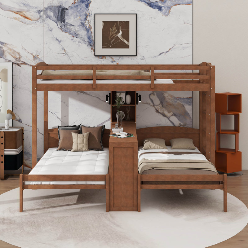 Lit superposé avec bureau intégré et tablettes de rangement, 3 lits superposés en bois avec lampe de lecture et garde-corps