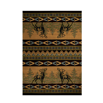 Rustic lodge United Weavers mule deer polypropylene carpet runner with southwestern nature theme, brown earth tones — 31 x 88 inches