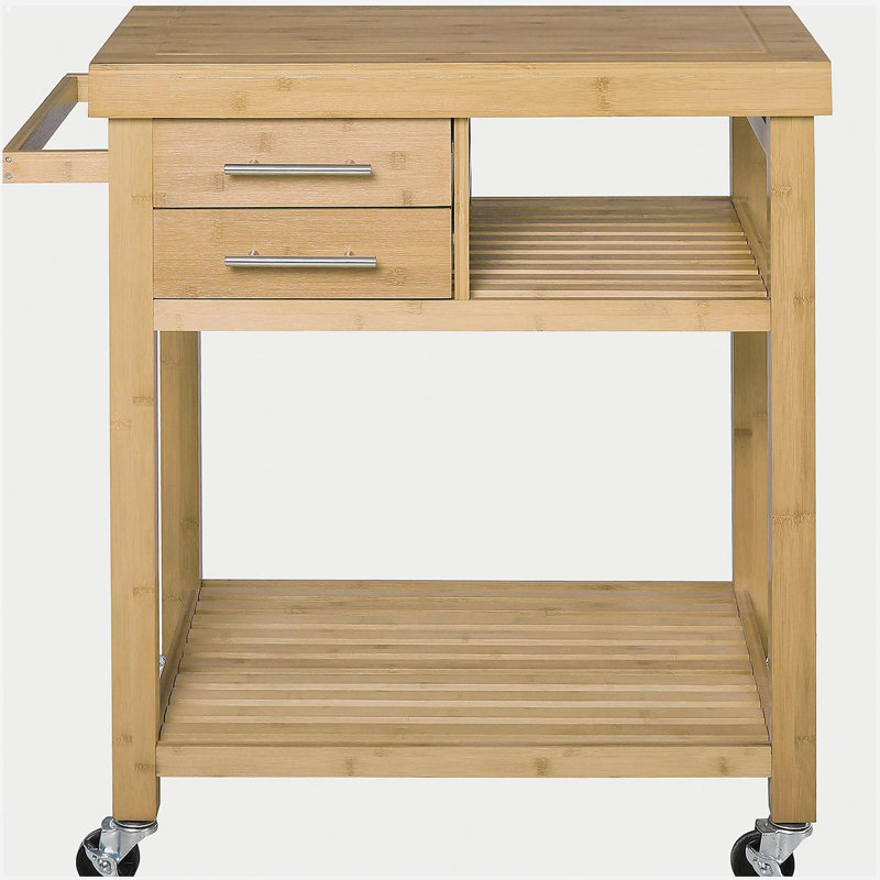 Un chariot d'îlot de cuisine en bambou avec deux tiroirs de rangement et des tablettes ouvertes, dans des tons de bambou
