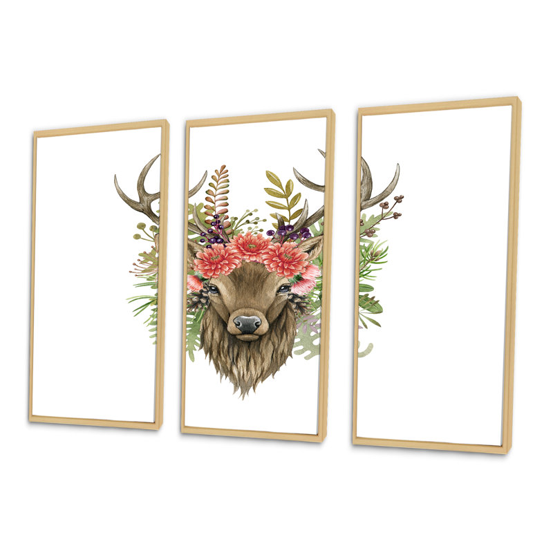 Portrait de cerf avec fleurs - ensemble d'art mural sur toile traditionnel encadré de 3, L 36 po x H 28 po x P 1 po, Brun