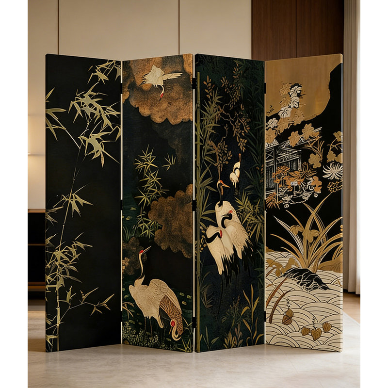 Paravent pliable en bois à plusieurs panneaux, style vintage, orné d'une grue couronnée, 70.87" H x 62.99" W x 1.18" D