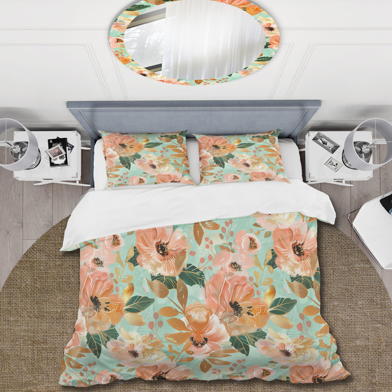 Peach Gold Floral Retro Blooms - Ensemble de housse de couette floral rétro, Housse de couette très grand et 2 très grandes t