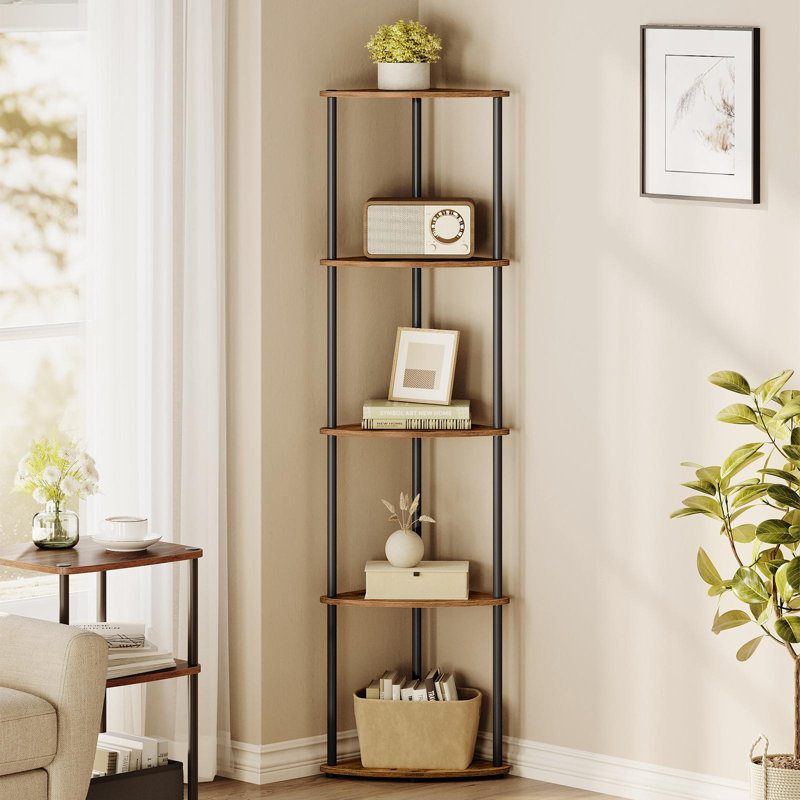 Walery Superfast Toolless Assembly, 5-Tier Corner Bookcase, Rustic Brown/Black