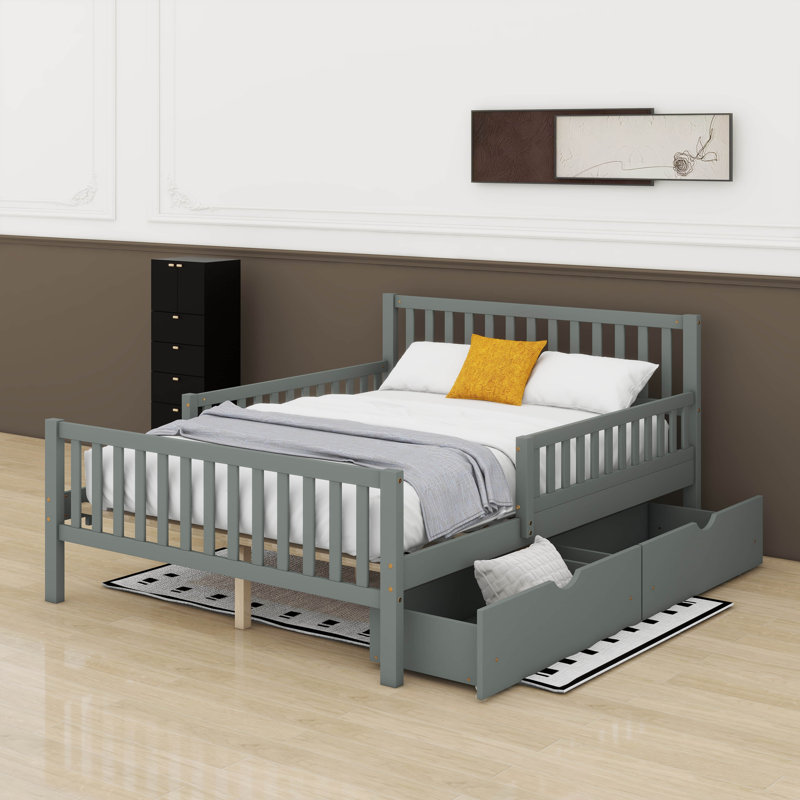 Base de lit double avec rangement pour enfants, lit en bois avec 2 tiroirs, lit plateforme double avec garde-corps pour enfants