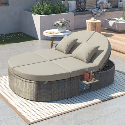 TOPMAX Outdoor Sun Bed Patio 2-Person Daybed With Cushions And Pillows, Rattan Garden Reclining Chaise Lounge With Adjustable Backrests And Foldable Cup Trays For Lawn,Poolside, Grey