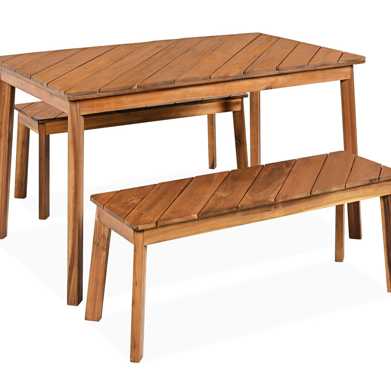 Mobilier de salle à manger 3 pièces en bois avec 2 bancs, pour l'extérieur et l'intérieur, conception à grain diagonal distinctif, assemblage rapide et sans effort, espace stable sur toutes les pièces, inégale et moderne