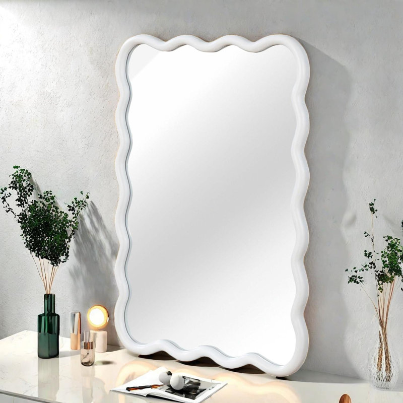 24"x36" Wavy Rectangle Solid Wood Frame Decorative Mirror, White