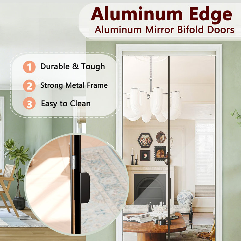 Porte pliante - 1 porte pliante en aluminium à surface en miroir avec quincaillerie incluse, Noir, 30 po x 80 po