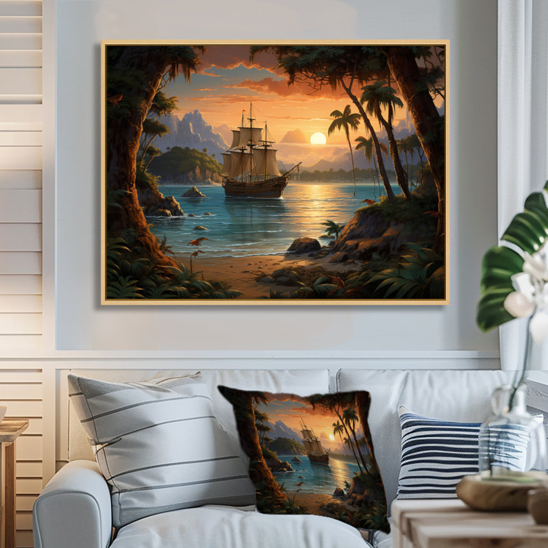 Pirate Boat Lost Isles On Canvas Print, 30" H x 40" W x 1.5" D, Maple Floater Framed
