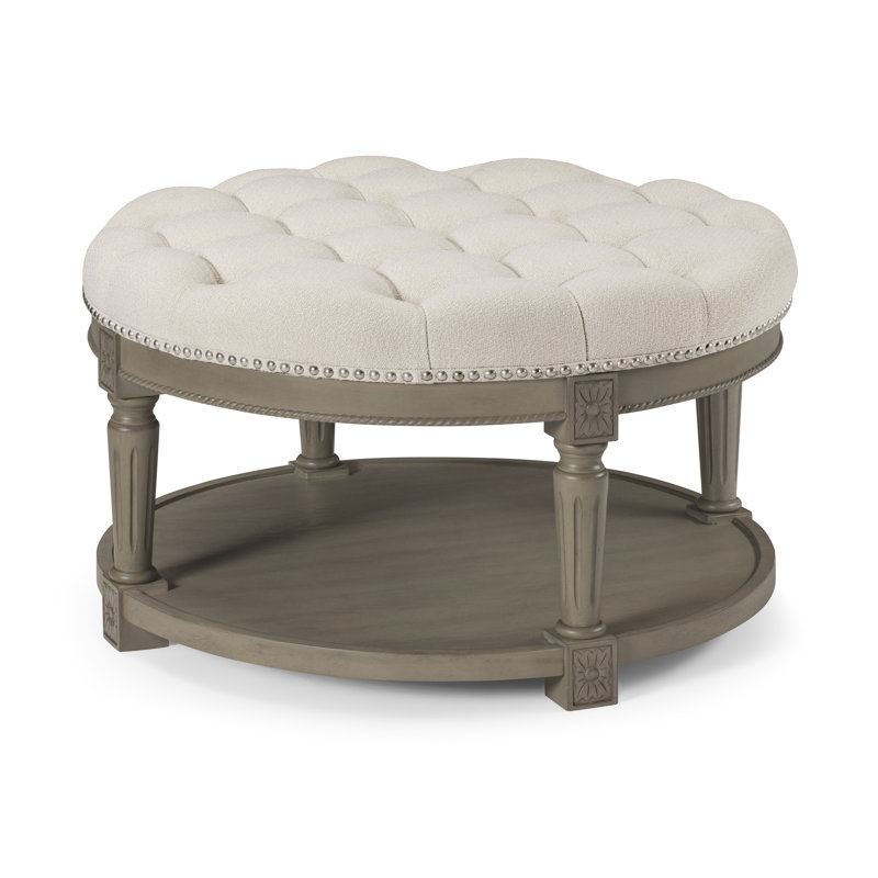 Maven Lane Mesa Round Upholstered Coffee Table In Aged Grey With Grey Fabric, White Top/Gray Base
