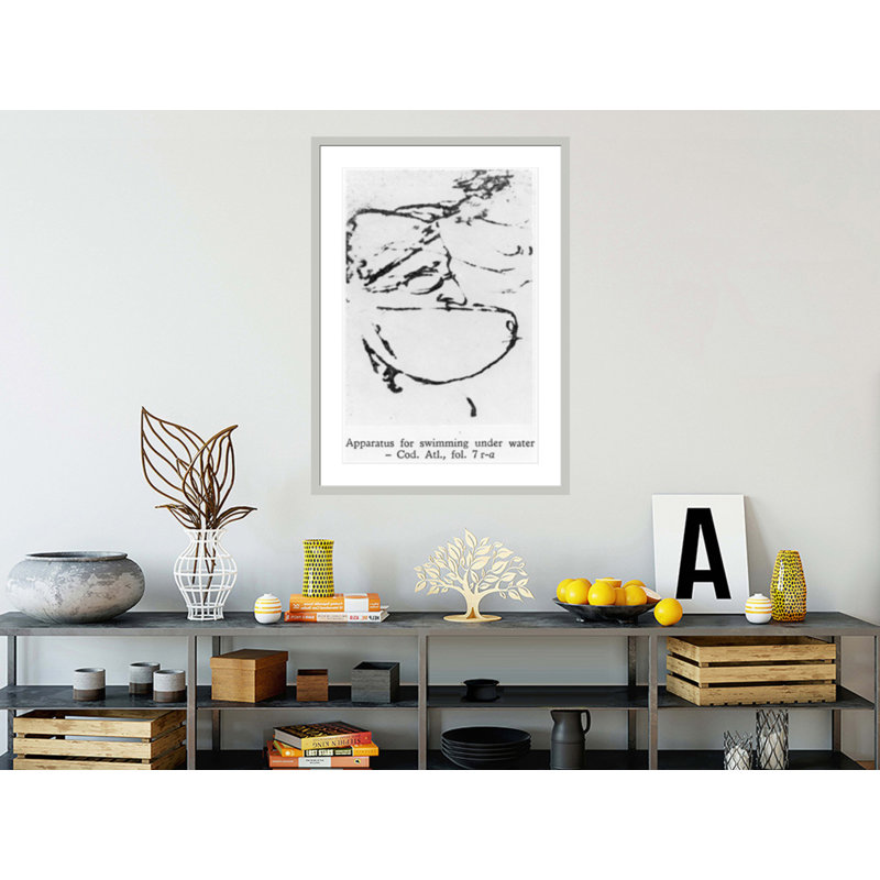 Appareil pour nager sous l'eau, feuillet 7r-a du Codex Atlanticus par Leonardo Da Vinci - Impression Giclée encadrée