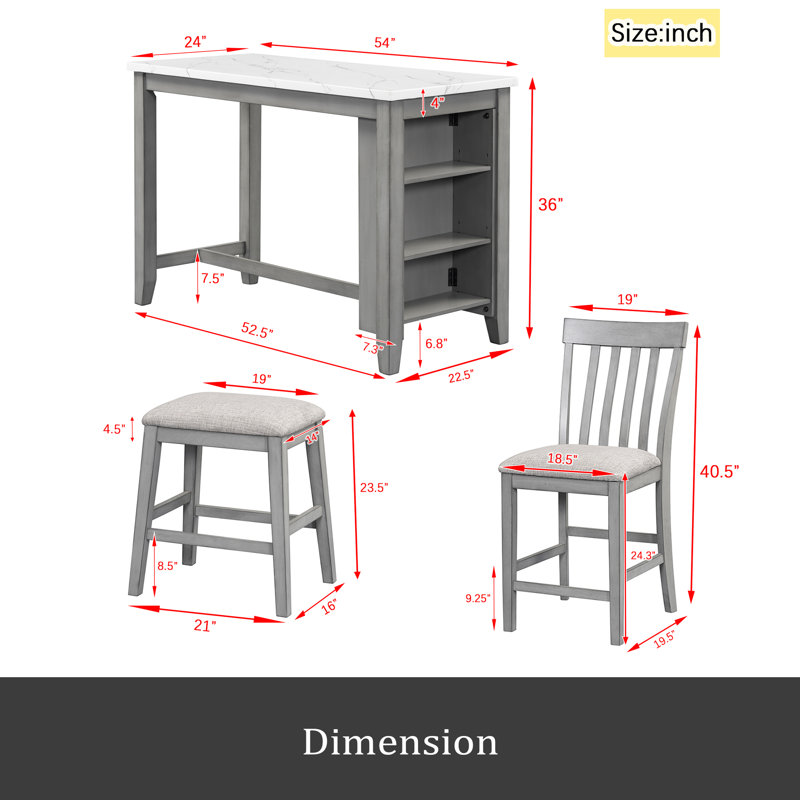 Ensemble de table de salle à manger 5 pièces à hauteur de comptoir avec tablettes de rangement intégrées