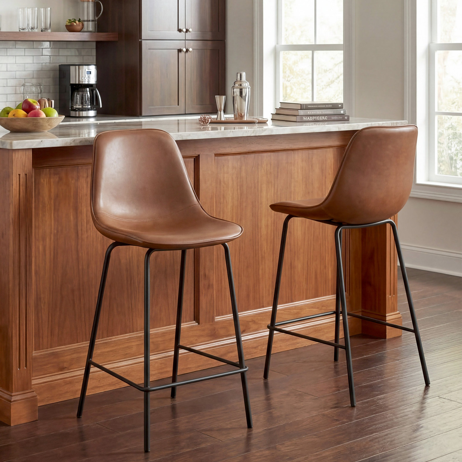 Kavi 30" Bar Stool, Counter Stool (24" Seat Height), Brown Faux Leather