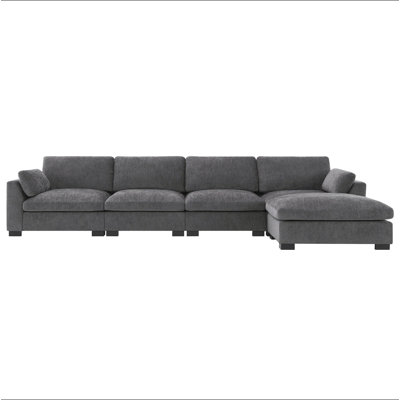 [VIDEO]130" Modular Sectional Sofa, L-Shape with Folding Table and Dual-Port Charging, Side Storage Pockets, 2 Armrest Pillows, Free Movement Ottoman, High Density Foam, Chenille, 5 Seat