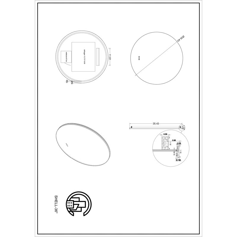 Shell LED Mirror, Matte Black, Round, 35.43" x 35.43"