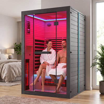 2-Person Full Spectrum Infrared Sauna with Red Light, Adjustable Backrest, 7-Colour LED Lighting and Canadian Hemlock, Black, 120V