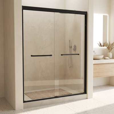 Porte de douche coulissante double 127-137 cm (L) × 183 cm (H), cadre en aluminium, verre trempé 6 mm avec film anti-explosion, noir mat