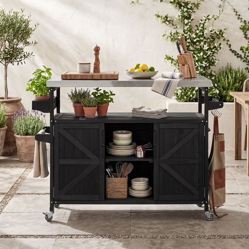Îlot de cuisine extérieur avec roulettes verrouillables, support, armoire de rangement et tablettes
