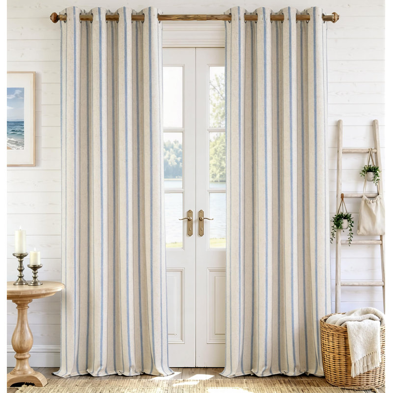 Paire de rideaux occultant, Rayures bleu marine / lin clair, L 52 po x L 108 po