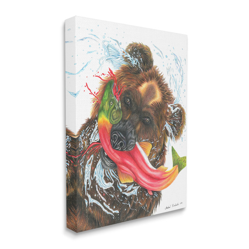 «Brown Bear Hunting River Fish Forest Animal Kingdom» par Andrea Kochish - impression d'art graphique, H 30 po x l 24 po