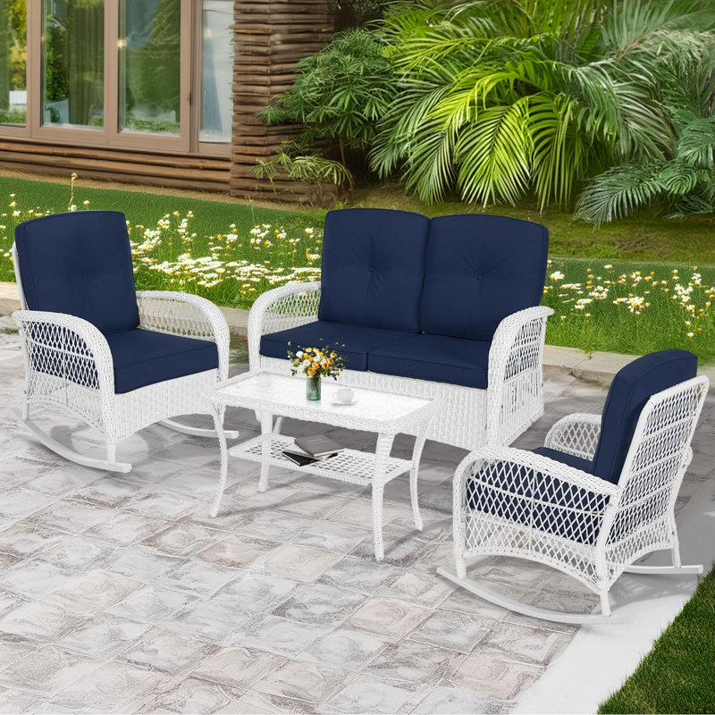 Winston Porter 4 Pieces Outdoor Wicker Patio Conversation Sets With Glider Loveseat, 2 Chairs With Coffee Table Wicker Rocking Chair Set, Patio Furniture Set With Thickened Cushions, White Wicker