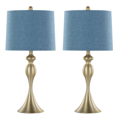 Set Of 2 27" Contemporary Gold Metal Table Lamps With Blue Textured Slub Linen Shades