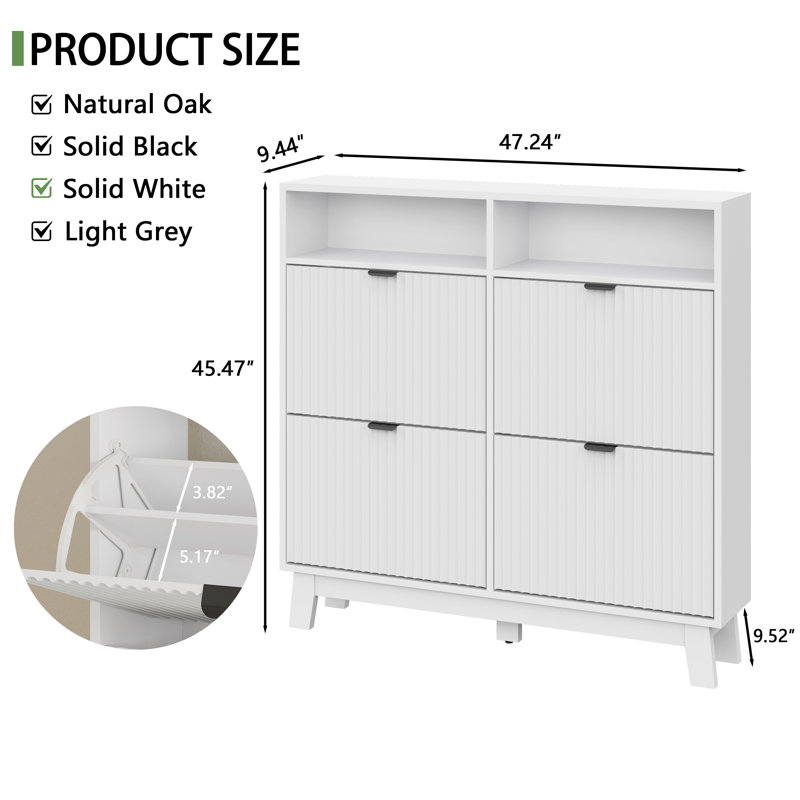 Fluted Shoe Cabinet with 4 Flip Drawers and Open Shelf, 45" Tall Narrow Shoe Storage Organizer for Entryway, Freestanding Wooden Rack Holds 24-28 Pairs, Hallway, Living Room, Furniture