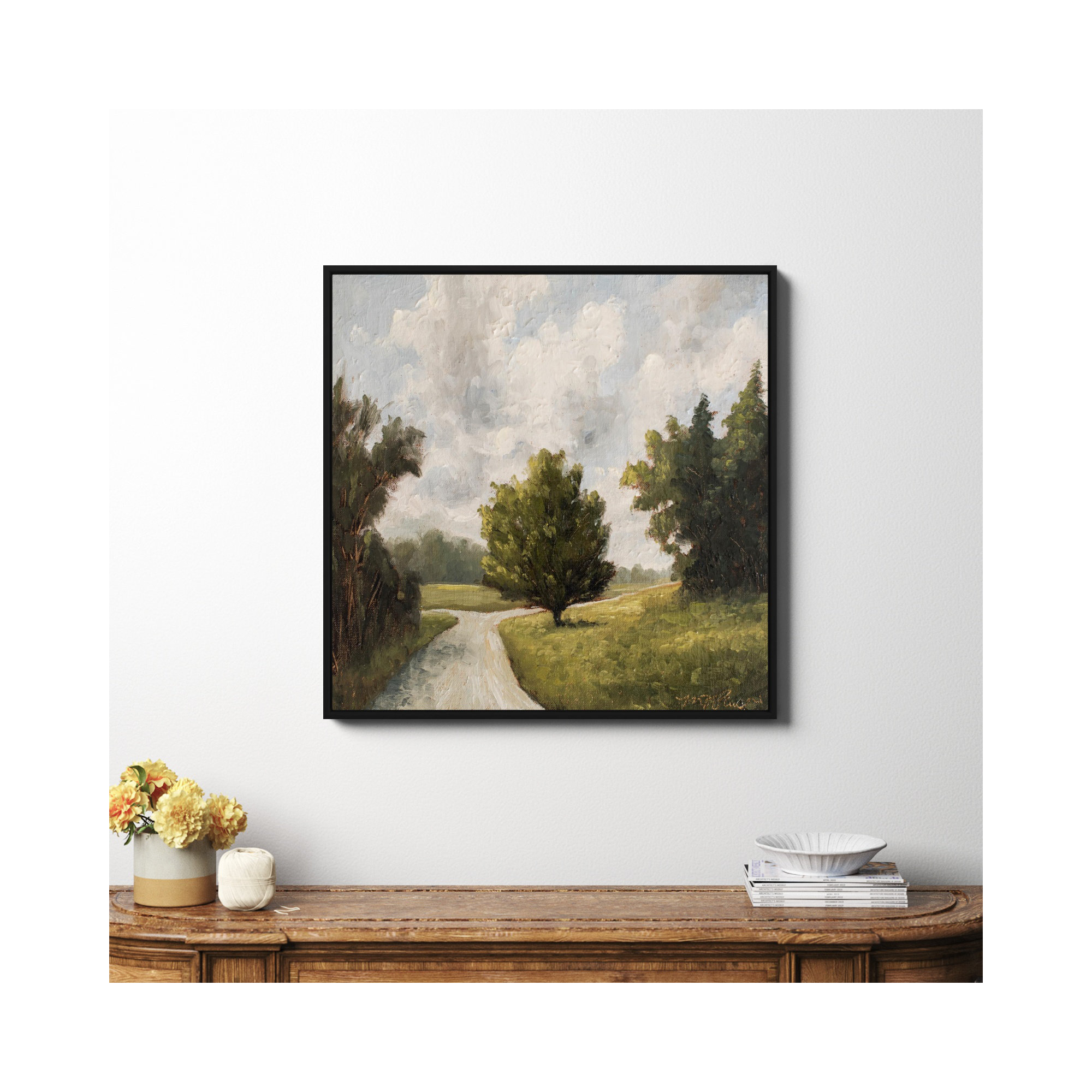 Around The Bend by Miss Mustard Seed, No, 36" H x 36" W x 2" D, Black Framed Canvas