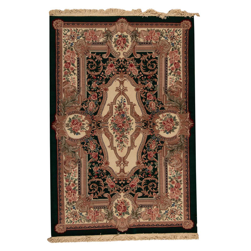 Tapis unique ivoire / noir / rouge / vert noué à la main de haute qualité