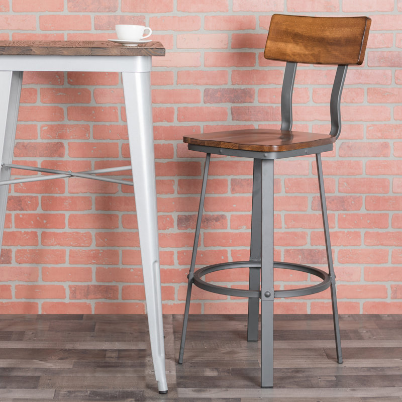 Cecilia 30" Rustic Walnut Restaurant Barstool with Wood Seat & Back & Powder Coat Frame, Brown/Black