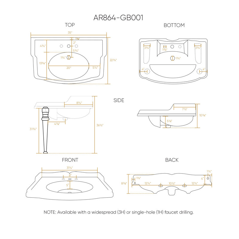 China Rectangular Console Bathroom Sink, Widespread Faucet