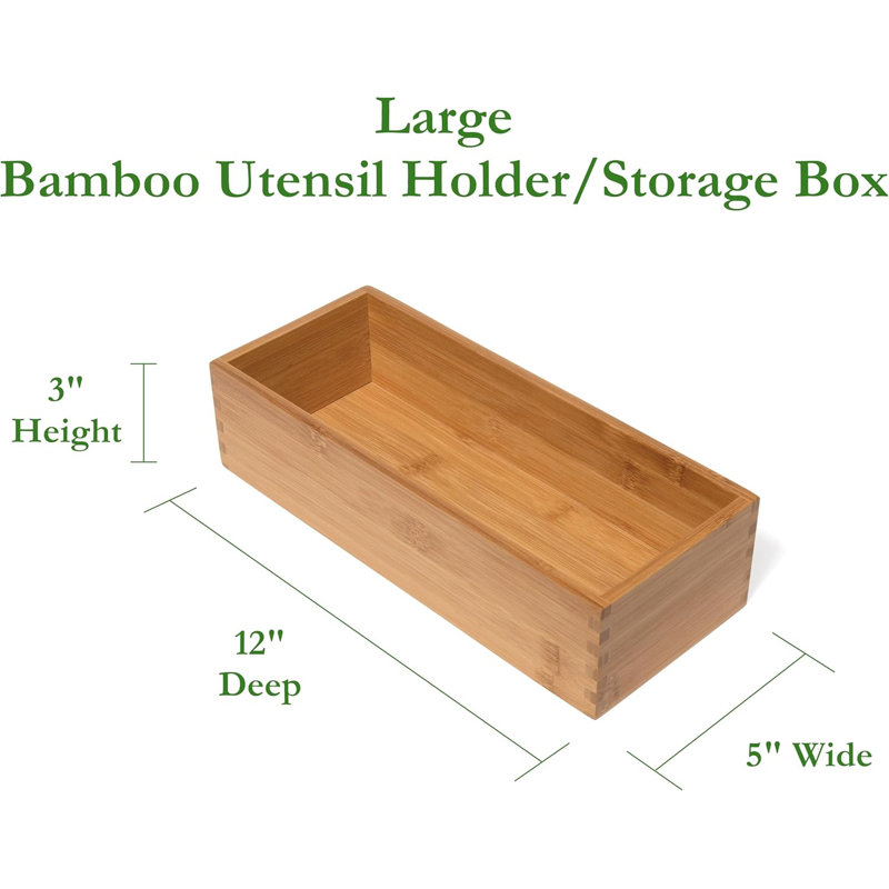 Boîte de rangement pour ustensiles en bois de bambou pour ustensiles de cuisine, maquillage ou fournitures de bureau, 5 po x 12 po x 3 po