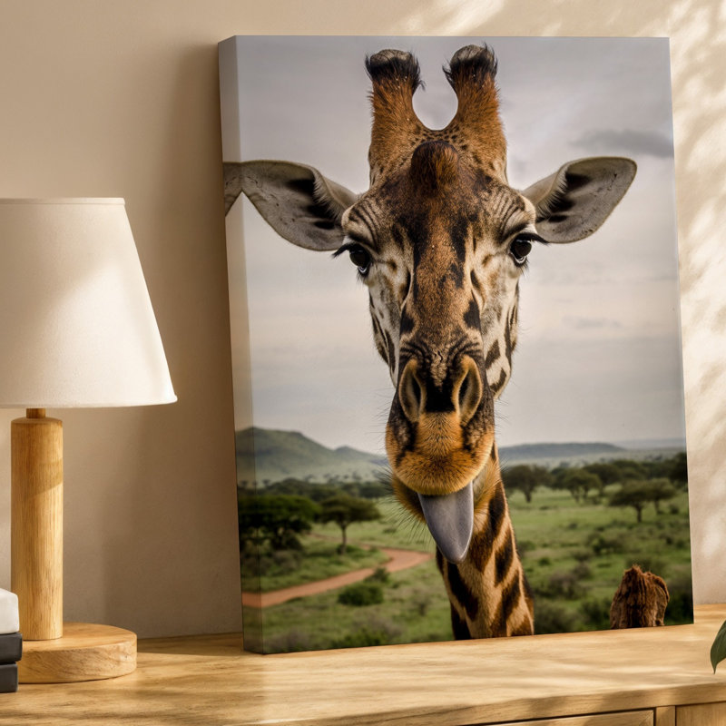 Toile, gros plan d'une girafe ludique, art mural à long cou, gracieusement arquée, H 14 po x l 11 po