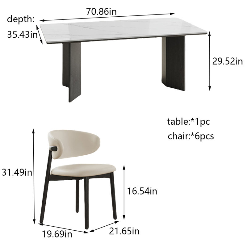 Ensemble de table à manger et de chaises moderne et simple en pierre, H 29,52 po x L 70,86 po x l 35,43 po