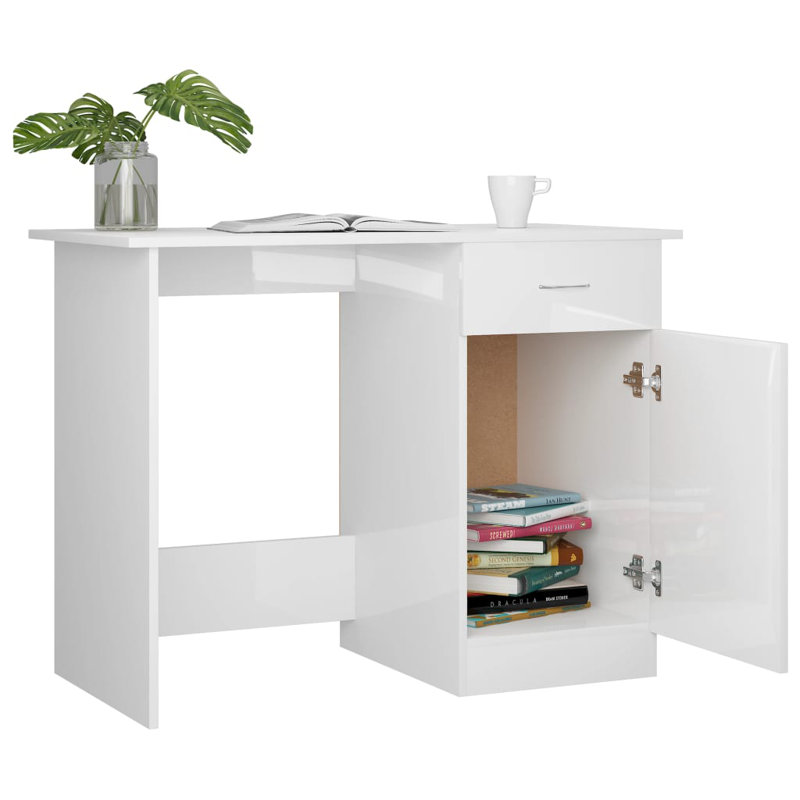 Bureau d'ordinateur avec tiroir en bois d'ingénierie, Blanc lustré