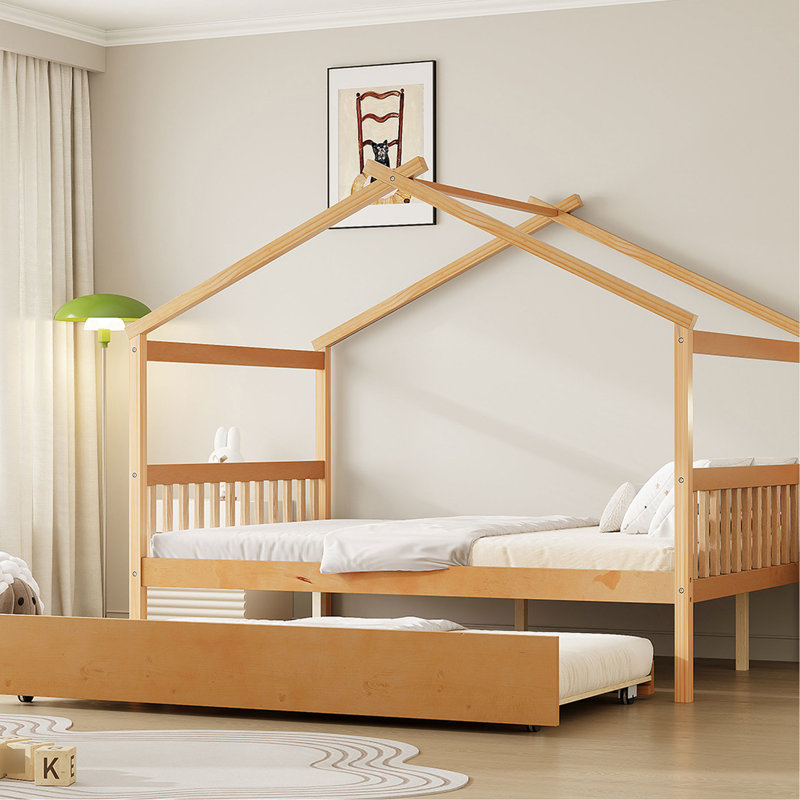 Lit double naturel avec lit gigogne simple, structure, 2 têtes de lit, matériau en bois de pin idéal pour dormir, maximiser l'espace dans la chambre à coucher, amusant