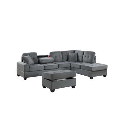 Dark Gray Plush Microfiber Living Room Furniture 3-PCS Reversible Sectional Sofa Set Sofa w Cup Holder Reversible Chaise And Storage Ottoman
