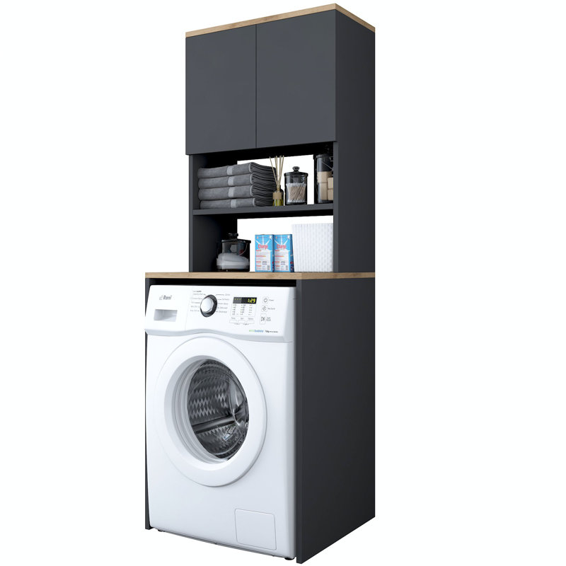 Armoire pour machine à laver Modern, panneau de particules enduit 100% mélamine, finition noyer et anthracite, 25,6 po x 72,2 po x 23,6 po | Solution de rangement robuste et élégante pour la salle de lavage, conception durable et élégante