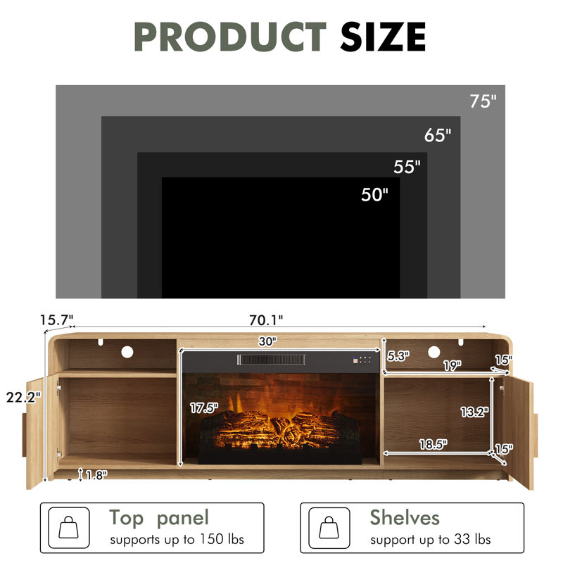 70"W Mid-Century Modern Fireplace TV Stand for TVs up to 75" with Fluted Doors & Large Storage & Curved Edges, ,Natural